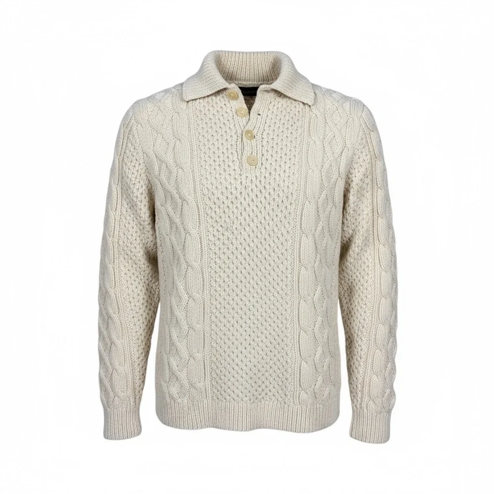 Hand-Knit Aran Fisherman Sweater Men’s Large Cream Wool Blend‎